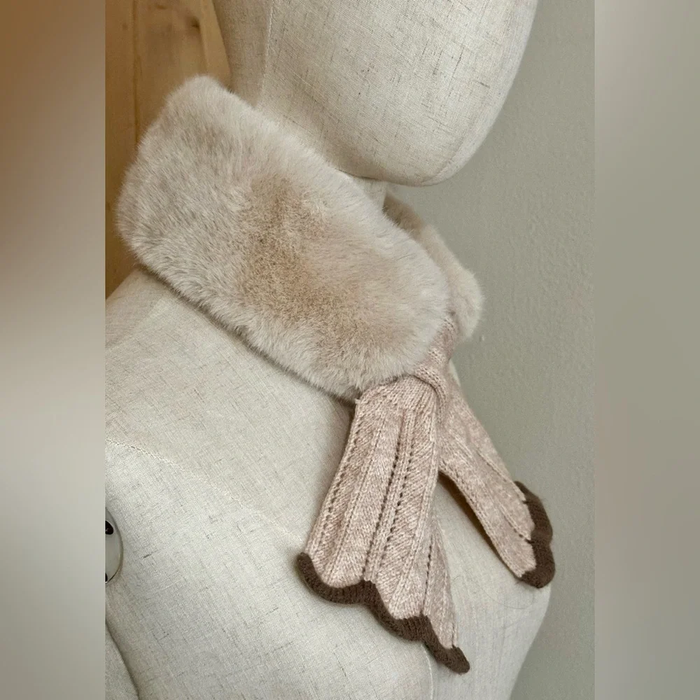 NWOT Beige Brown Faux Fur Knit Scarf Collar Neck Warmer